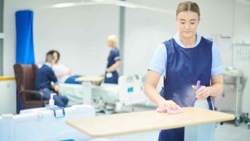 Image of a woman cleaning a hospital tray, for the blog why is cleaning important in healthcare